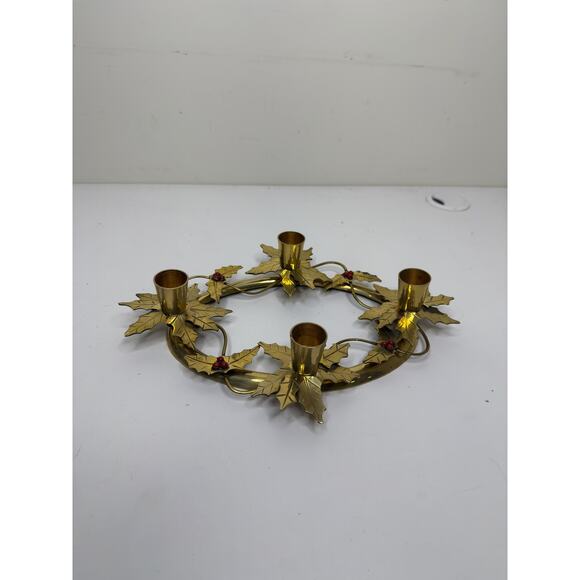 Vintage Oval Brass Holly Berries 4 Candlestick Holder 1970s - Picture 3 of 10